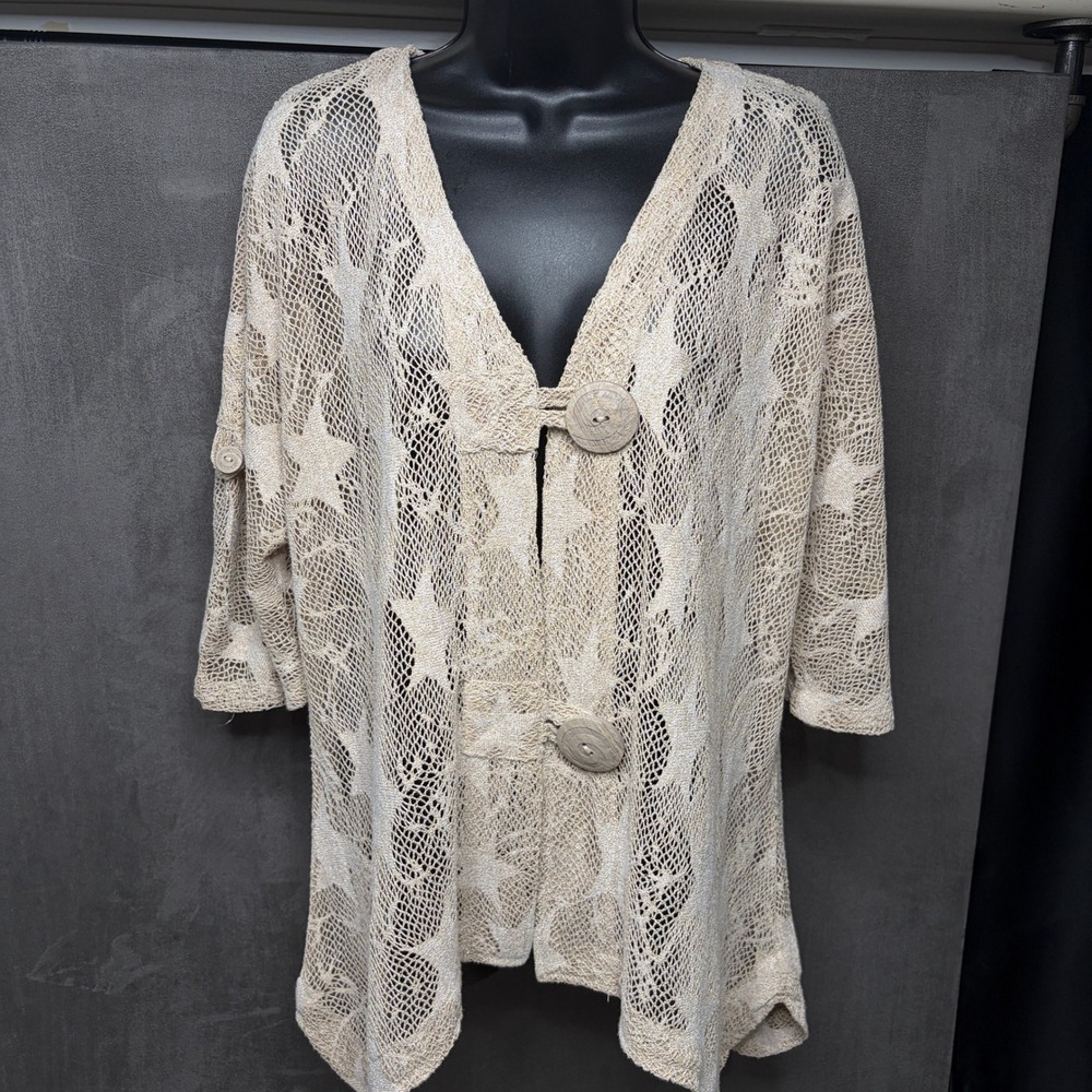 Lulu-B Open Knit Cardigan Women OS Beige Star Print Boho Sharkbite Hem